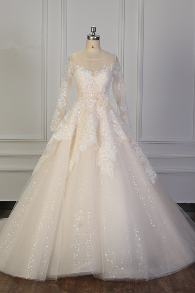 Exquisite Lace Appliques Wedding Dress Tulle Long Sleeves Sequined Bridal Gown On Sale-27dress