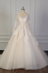 Exquisite Lace Appliques Wedding Dress Tulle Long Sleeves Sequined Bridal Gown On Sale-27dress