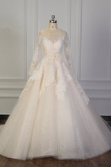 Exquisite Lace Appliques Wedding Dress Tulle Long Sleeves Sequined Bridal Gown On Sale-27dress