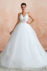 Exquisite Lace Halter Ball Gown White Wedding Dress with Open Back-27dress