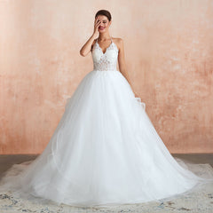 Exquisite Lace Halter Ball Gown White Wedding Dress with Open Back-27dress