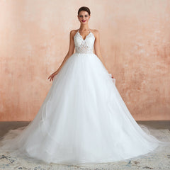 Exquisite Lace Halter Ball Gown White Wedding Dress with Open Back-27dress