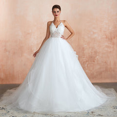 Exquisite Lace Halter Ball Gown White Wedding Dress with Open Back-27dress