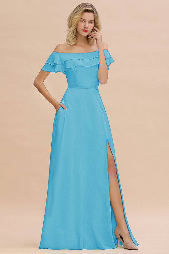 Exquisite Off-the-shoulder Slit Mint Green Bridesmaid Dress With Pockets-27dress