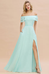 Exquisite Off-the-shoulder Slit Mint Green Bridesmaid Dress With Pockets-27dress