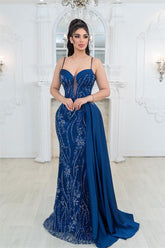 Exquisite Royal Blue Spaghetti Strap Sleeveless Mermaid Prom Dress With Embroidery
