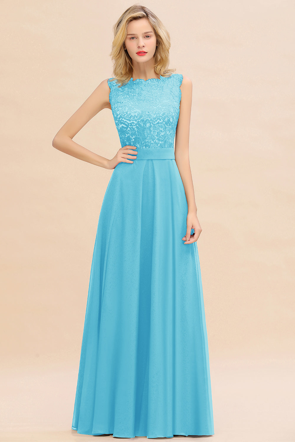 Exquisite Scoop Chiffon Lace Bridesmaid Dresses with V-Back-27dress