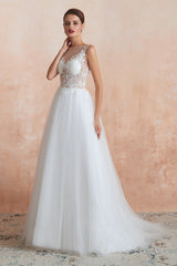 Exquisite Sequins White Tulle Affordable Wedding Dresses with Appliques-27dress