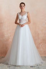 Exquisite Sequins White Tulle Affordable Wedding Dresses with Appliques-27dress