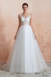 Exquisite Sequins White Tulle Affordable Wedding Dresses with Appliques-27dress