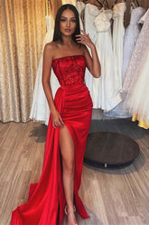 Exquisited Red Strapless Sleeveless Pleated Mermaid Prom Dress with Appliques