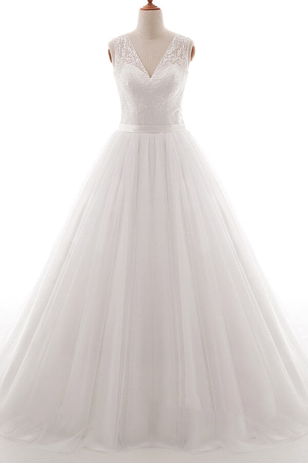 Eye-catching V-neck Tulle A-line Wedding Dress On Sale-27dress