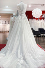 Eye-taking V Neck Tulle Lace White Ruffles Wedding Dresses Long-27dress