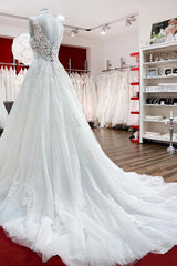 Eye-taking V Neck Tulle Lace White Ruffles Wedding Dresses Long-27dress