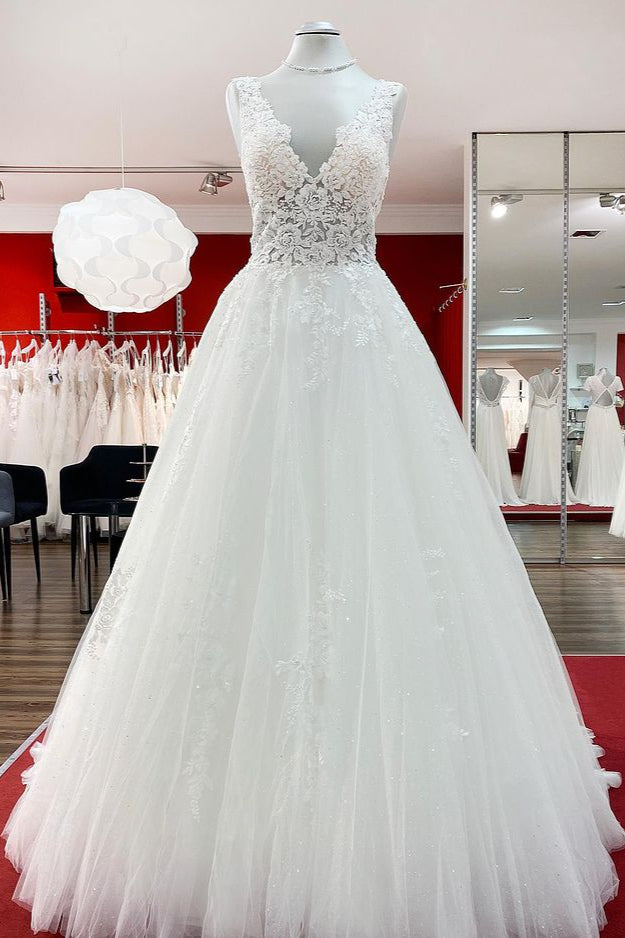 Eye-taking V Neck Tulle Lace White Ruffles Wedding Dresses Long-27dress
