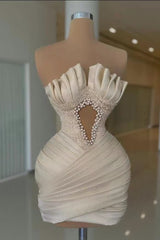 Off-White Strapless Prom Dress Evening Dress with Short Pleats and Beading