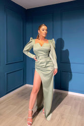 Dusty Sage Elegant Long Sleeves Front Split V-Neck Evening Dress On Sale