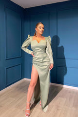 Dusty Sage Elegant Long Sleeves Front Split V-Neck Evening Dress On Sale