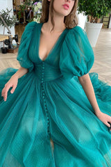 Dark Green V-Neck Short Sleeve A-Line Evening Dress On Sale