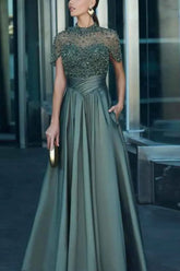 Elegant Beaded A-line Long Formal Dress with Pockets