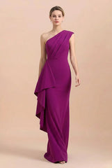 Magenta one-shoulder ruffle sheath satin mother of the bride dress - 27dress