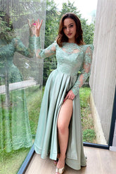 Dusty Sage Long Sleeve Evening Dress with Split Lace