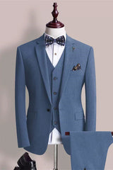 Fancy Three Pieces Notched Lapel Blue Business Suits For Men