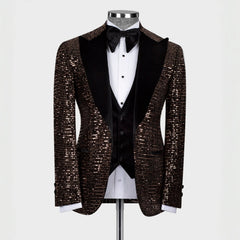 Fancy Sequins Peaked Lapel Three Pieces Brown Prom Suits