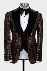 Fancy Sequins Peaked Lapel Three Pieces Brown Prom Suits
