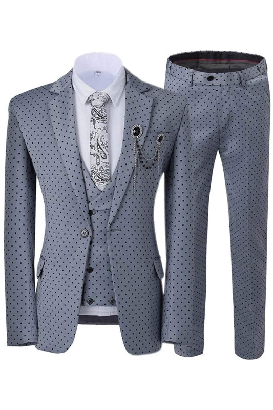 Fancy Notched Lapel Three Pieces Gray Prom Suits With Black Dot