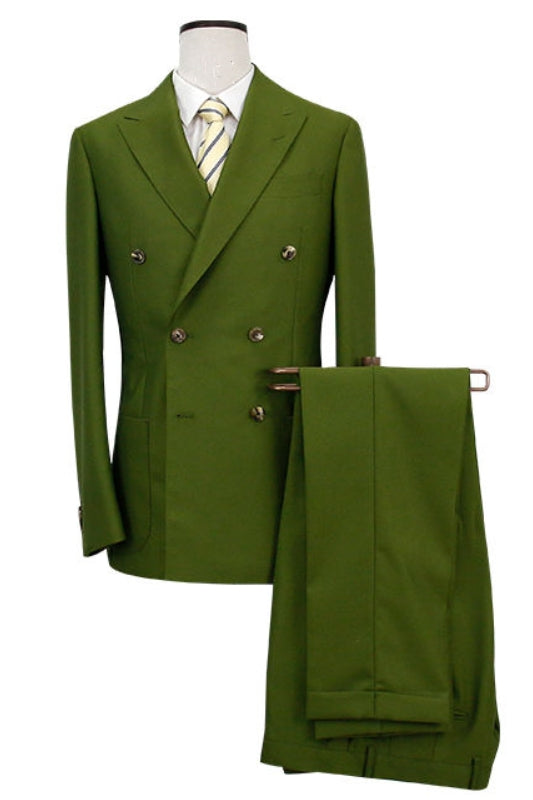 Fancy Peaked Lapel Double Breasted Green Prom Suits