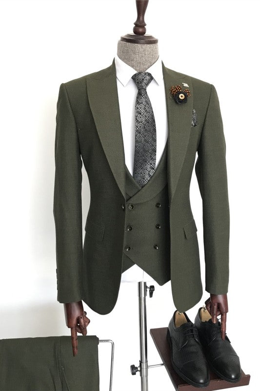 Fancy Peaked Lapel Men Green Prom Suits