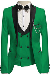 Fancy Peaked Lapel Three Pieces Green Prom Suits