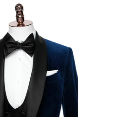 Fancy Shawl Lapel Three Pieces Velvet Navy Blue Wedding Suits