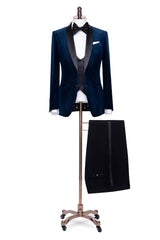 Fancy Shawl Lapel Three Pieces Velvet Navy Blue Wedding Suits