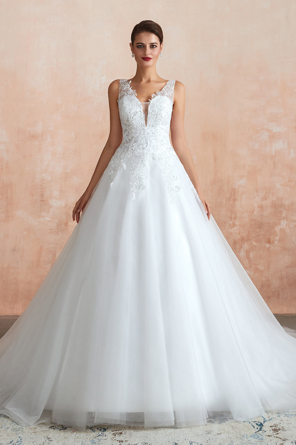Fantastic Tulle Appliques Sleeveless White Wedding Dresses Online-27dress