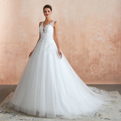Fantastic Tulle Appliques Sleeveless White Wedding Dresses Online-27dress