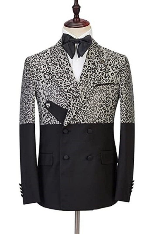 Fashion Jacquard Double Breasted Peaked Lapel Black Prom Suits for Men