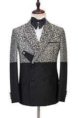 Fashion Jacquard Double Breasted Peaked Lapel Black Prom Suits for Men