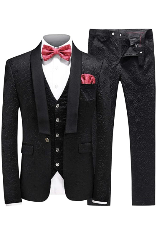 Fashion Black Shawl Lapel Three Pieces Jacquard Men Suits For Wedding