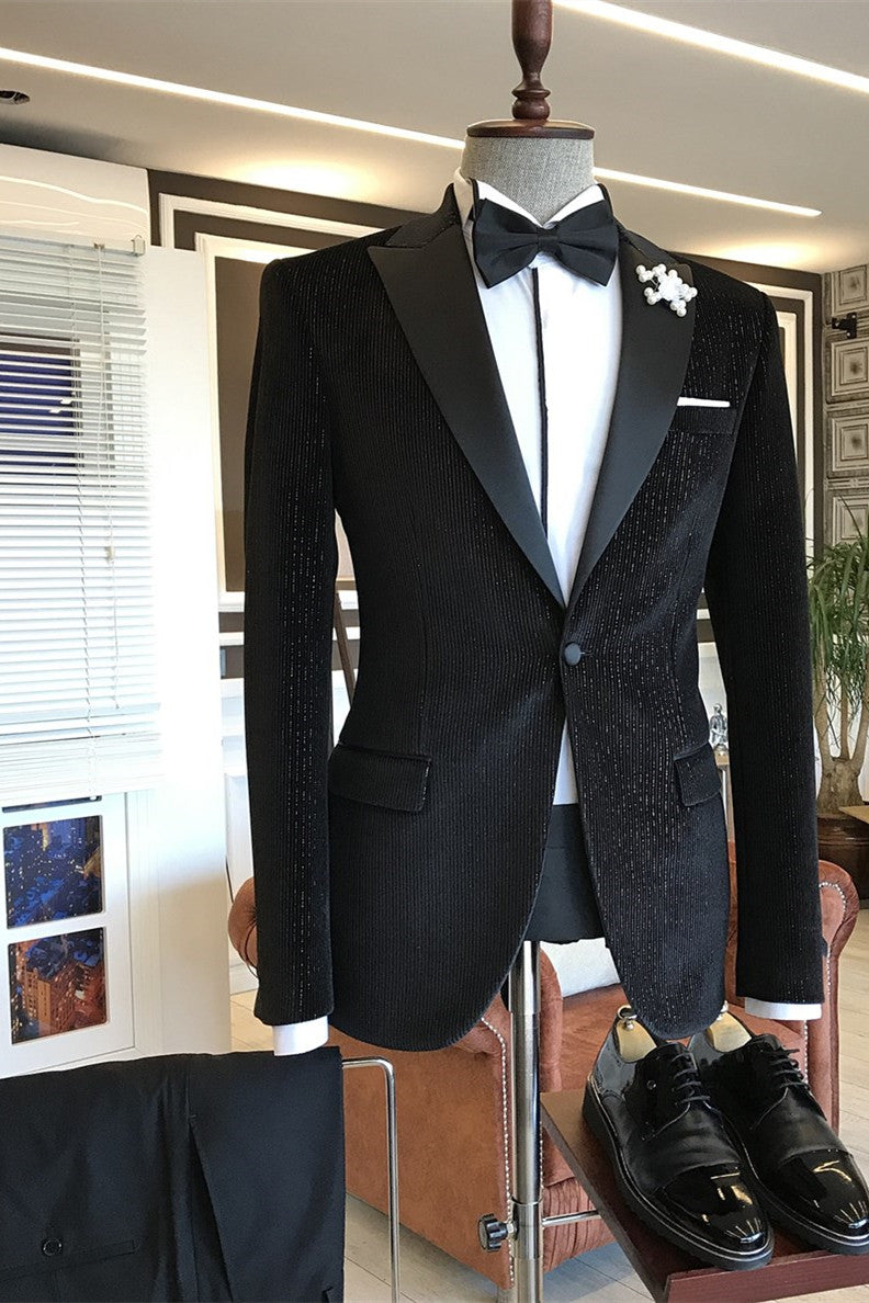 Fashion Black Sparkle Stripes Peaked Lapel Men Suits