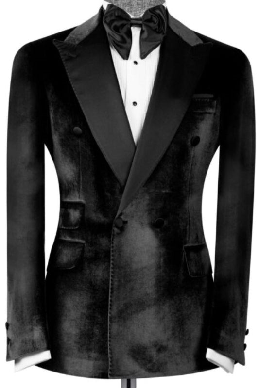 Fashion Velvet Peaked Lapel Double Breasted Black Prom Suits