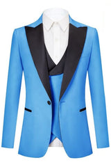 Fashion Peaked Lapel Three Pieces Blue Prom Suits