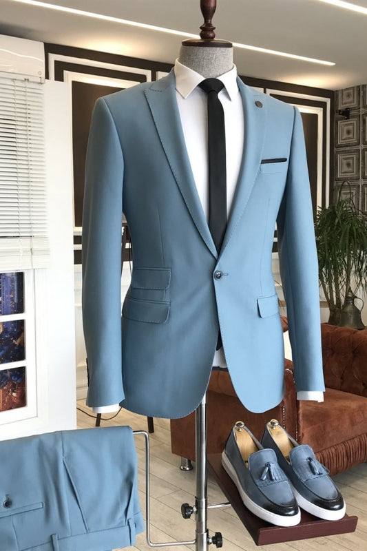 Fashion Peaked Lapel Two Pieces Blue Business Suits