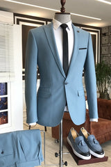 Fashion Peaked Lapel Two Pieces Blue Business Suits