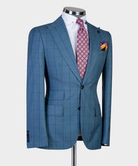 Fashion Plaid Slim Fit Peaked Lapel Three Pieces Men Blue Business Suits