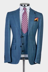 Fashion Plaid Slim Fit Peaked Lapel Three Pieces Men Blue Business Suits