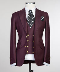 Fashion Three Pieces Peaked Lapel Men Burgundy Business Suits