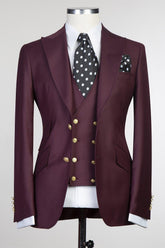 Fashion Three Pieces Peaked Lapel Men Burgundy Business Suits