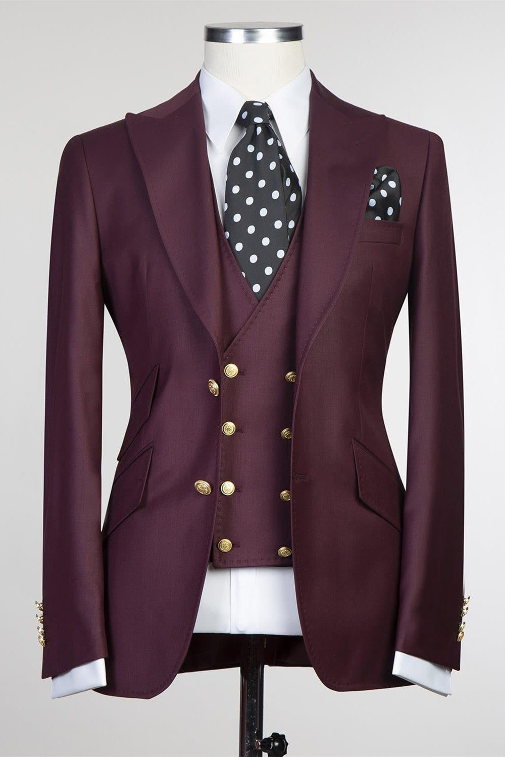 Fashion Three Pieces Peaked Lapel Men Burgundy Business Suits